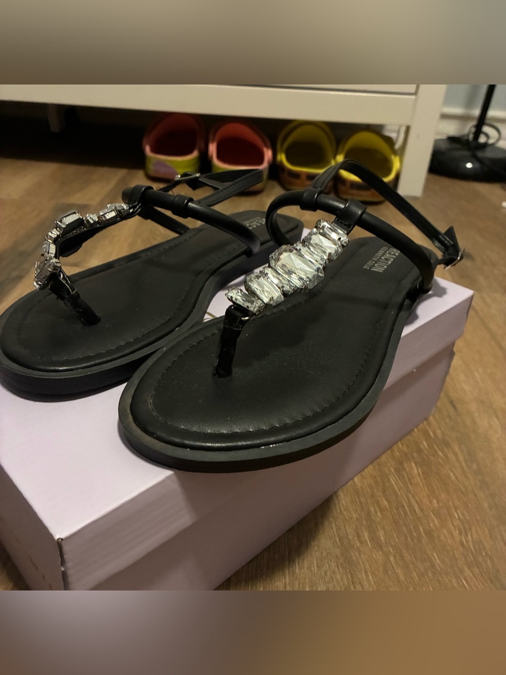 Kenneth Cole Black Jeweled T-Strap Sandals